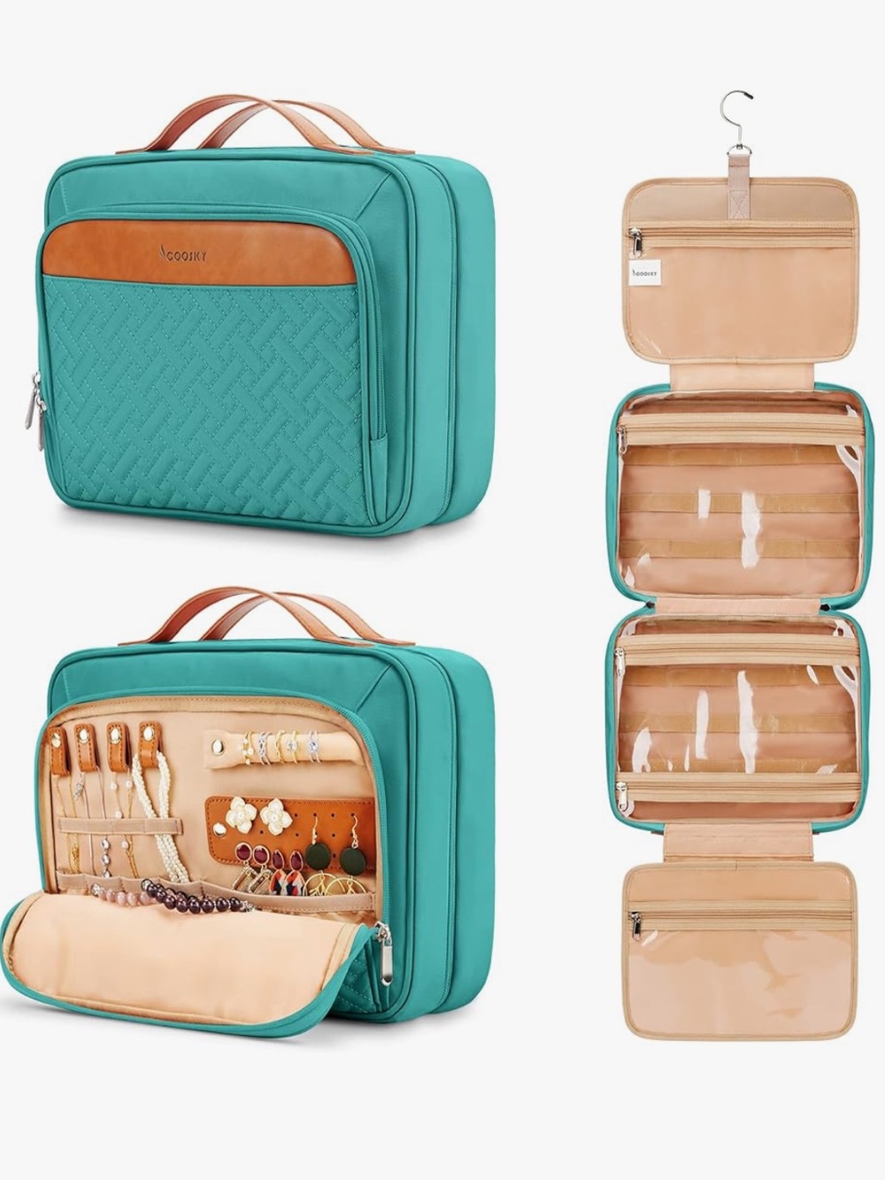 coosky Teal Hanging Toiletry Jewelry Travel Bag with Tan Accent